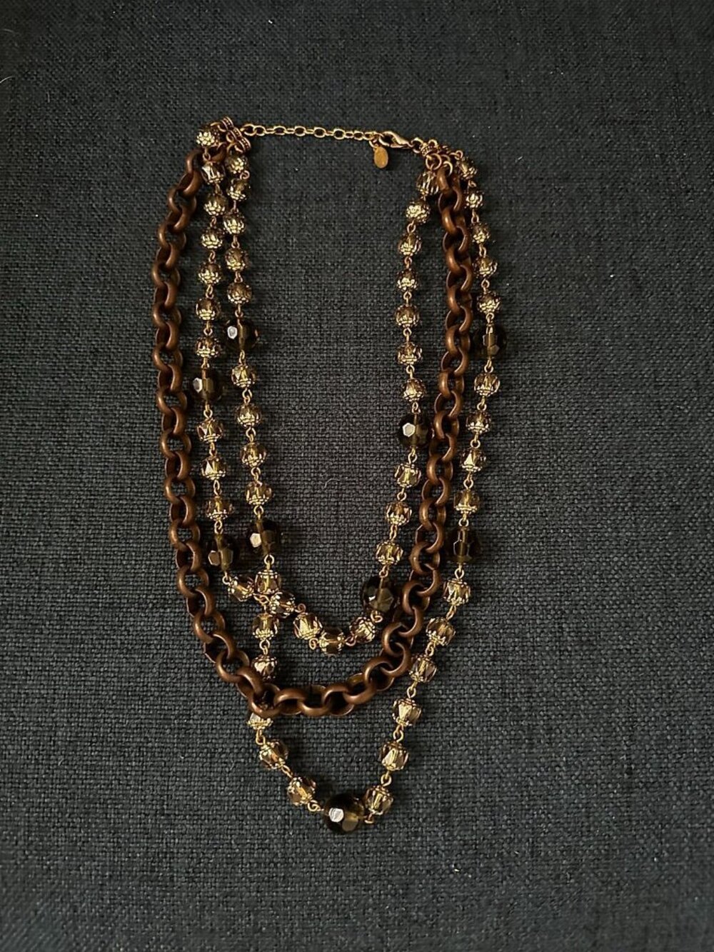 Rachel Reinhardt New York 3 Strand Crystal Beads and Bronze Necklace, Brown and